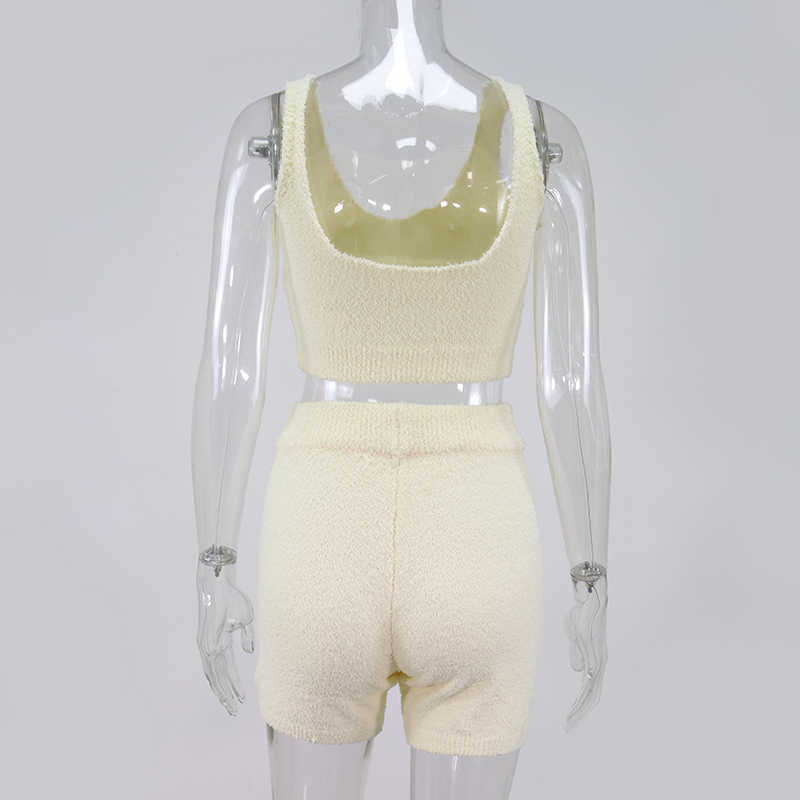Colysmo White Loungewear Set Summer Sleeveless Crop Top Shorts Two Piece Women Knitted Velvet Home Wear Casual Clothes 210527