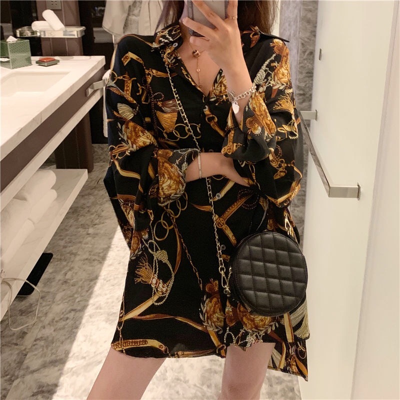 Spring summer chain pattern oversize Plus size Boyfriend Style Casual Blouse Shirt long printing 210421