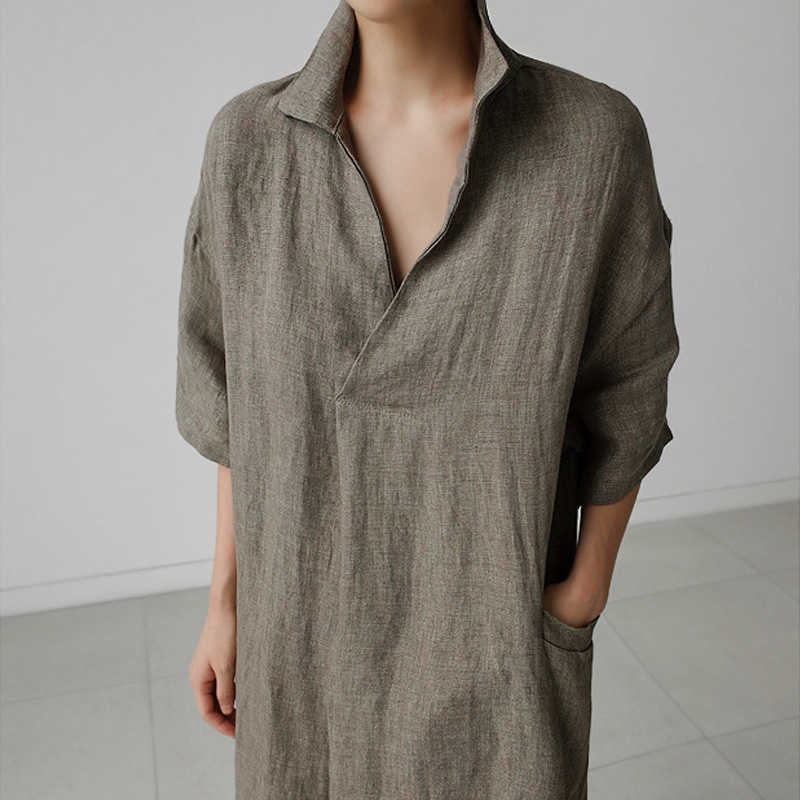 Johnature Women Vintage Cotton Linen Dresses V-Neck Solid Color Robes Summer Short Sleeve Pockets Female Loose Dresses 210630