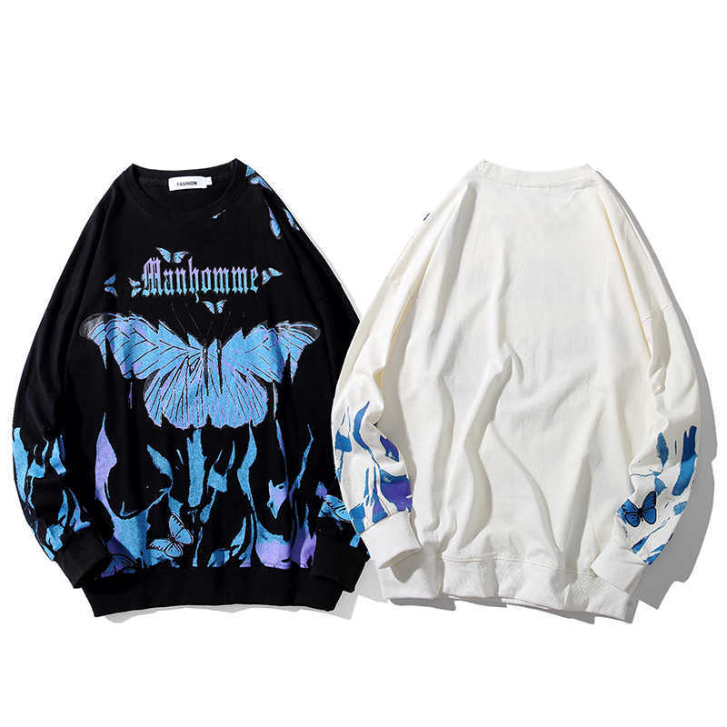 Butterfly Fire Flame Print sweatshrit men Streetwear Hip Hop Casual long Sleeve pullover Men Harajuku Hipster Fashion Tops 210924