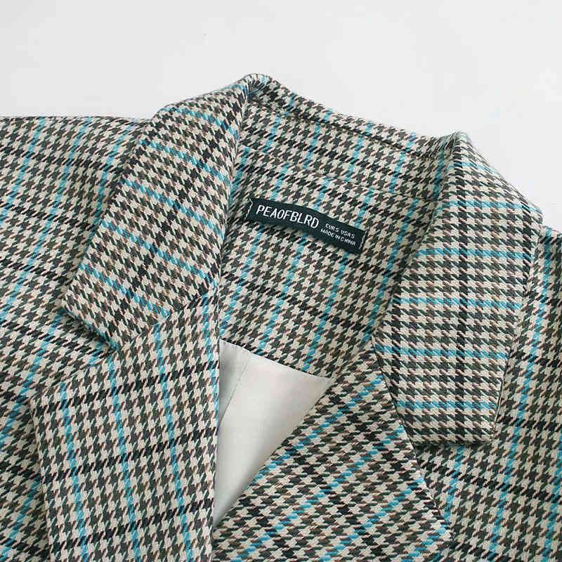 Women Elegant Green Plaid Blazer Long Sleeve Double Breasted Slim Check Coat Office Work Lattice Suit Jacket Outerwear 210520