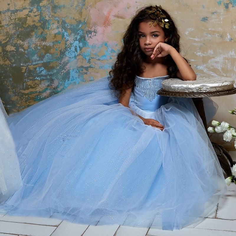 Long Princess Cinderella Flower Girl Dresses Off-The-Shoulder Floor Length Ball Gown Blue Kids Pageant Gowns Newest Design Custom Made Dress 403