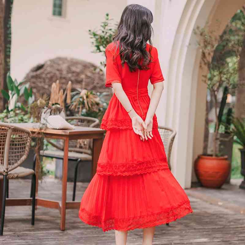 Summer Self Portrait Runway Pleated Dress Women Chiffon Patchwork Lace Cascading Ruffles Long Slim Red Cake es 210520