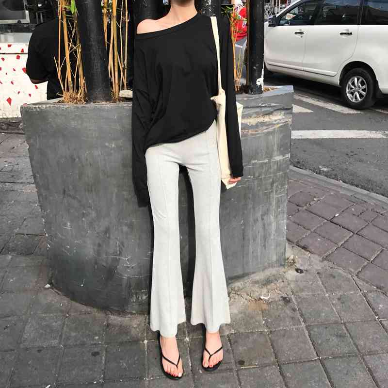 Pants & Capris Slim High Waist Cotton Grey Flare Women Casual Black Wild Mujer Pantalones Streetwear Drop 210429