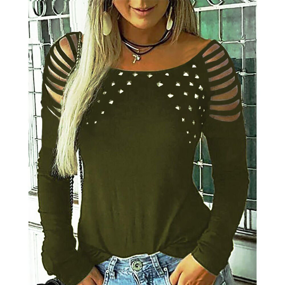 Spring Hollow Out Long Sleeve Shirt Womens Tops And Blouses Plus Size Female Tunic Crew Neck Rivet 210428