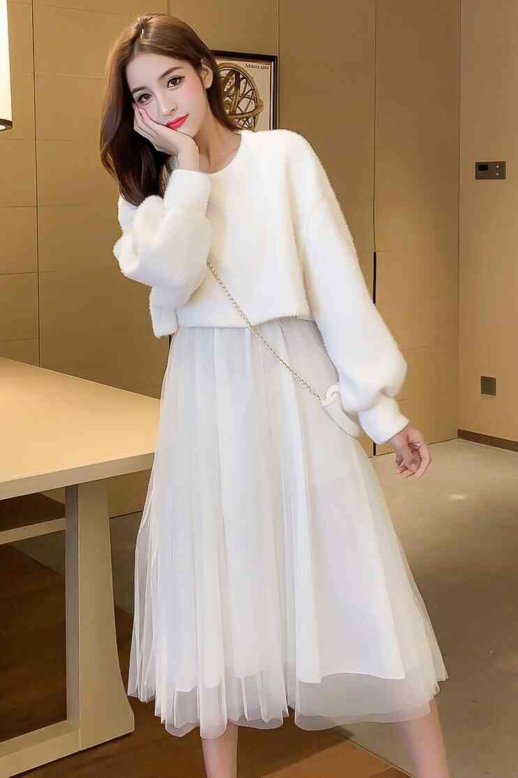 Spring Female O-neck Lantern Sleeve Knit Blouses + Strap Fairy Mesh A-line Dress With Bag Two-piece Sets Women Suits 210515