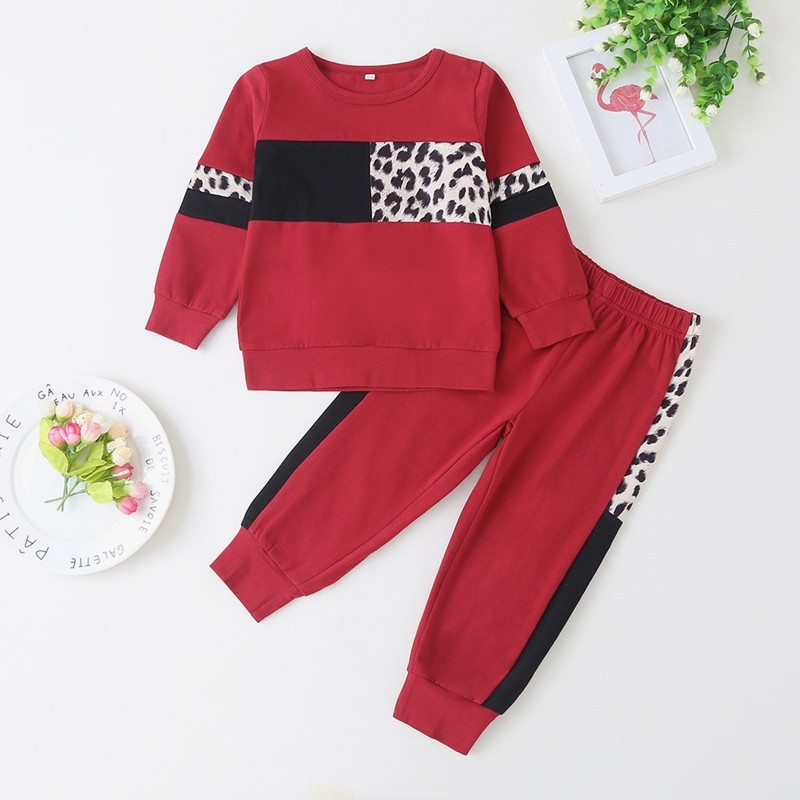 Girls Clothing Suit Spring Autumn Toddler Girl Clothes Kids Sets Heart Shape Drill Leopard Top Pants 2Pcs Suits 210508