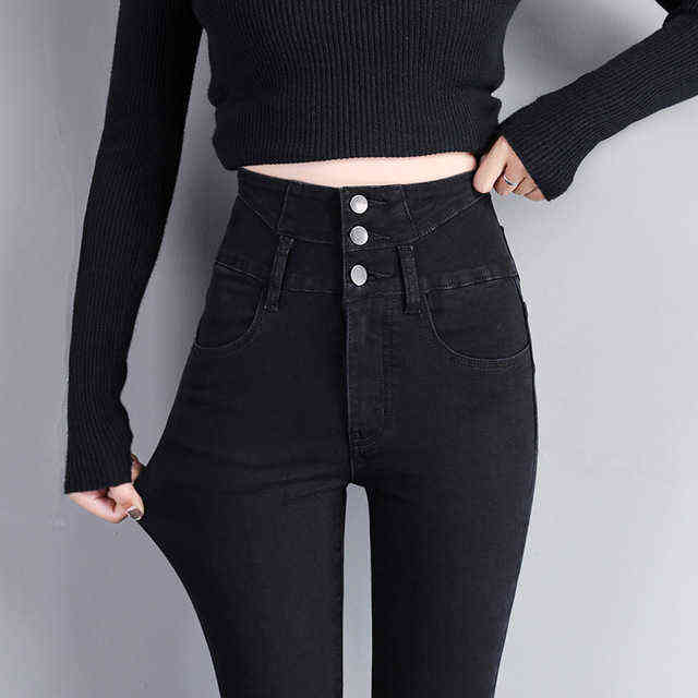 Winter Women Thicken Stretch Skinny Fleece Jeans Woman High Waist Button Black Warm Lady Vintage Denim Pencil Korean Pants 211129