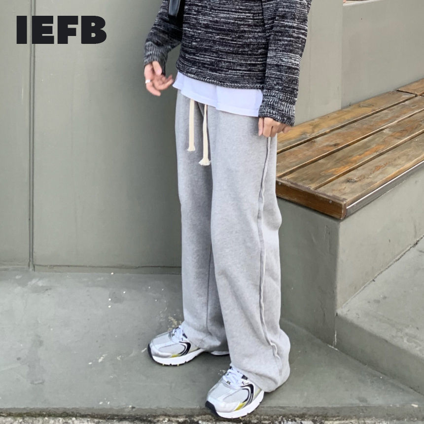 IEFB Loose Straight Casual Pants Men's Drawstring Streetwear Korean Wide Leg Pants Black Grey Elastic Waist Trousers 210524