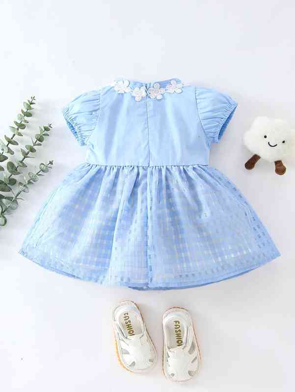 Baby Puff Sleeve Zip Back Appliques Dress SHE