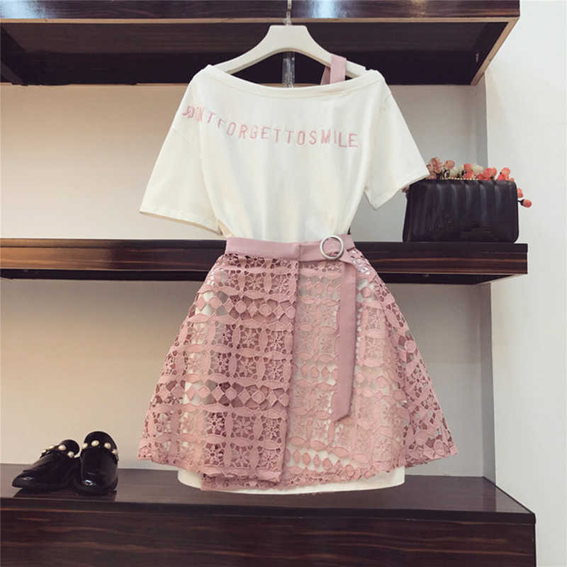 Summer Women Fashion 2 Piece Suit Slash Collar Off Shoulder Long T Shirt & Hollow Out Lace Skirt Suits Skirts Set 210708, Picture color
Summer Women Fashion 2 Piece Suit Slash Collar Off Shoulder Long T Shirt & Hollow Out Lace Skirt Suits Skirts Set 210708, Picture color