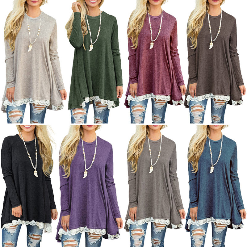 Spring Summer Women Dress Lace Splicing Fashion Women's Plus Size Long Sleeve Vintage Black Red Blue Casual es 210428