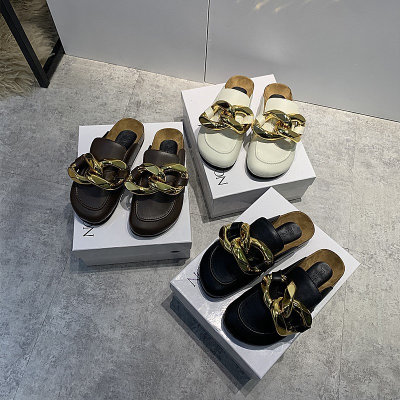 Top quality jw women casual slippers metal chain designer luxury ladys Flats summer walk Bread shoes Scuffs Moccasins -40, Brown 
Top quality jw women casual slippers metal chain designer luxury ladys Flats summer walk Bread shoes Scuffs Moccasins -40, Brown