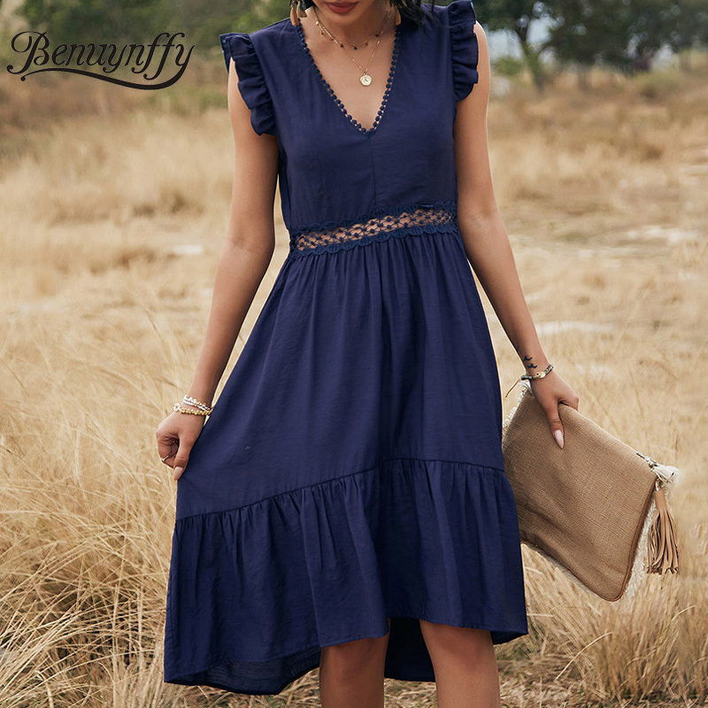 V-neck Hollow out Solid Dresses Women Elegant Ruffle Sleeve High Waist Female Asymmetrical Long Dress Summer 210510