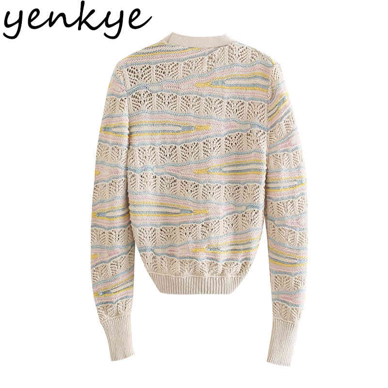 YENKYE Women Pointelle Knit Cardigan Sexy V Neck Long Sleeve Outerwear Fashion Hollow Out Sweater Plus Size Tops 210515