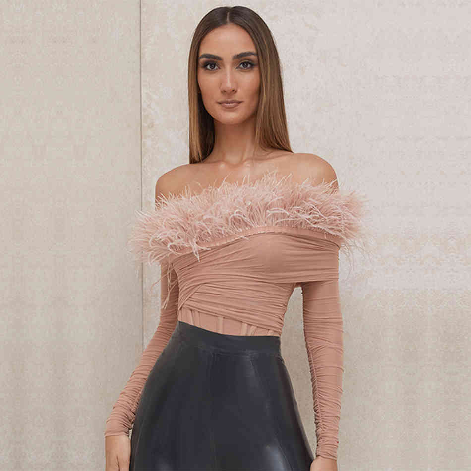 Winter Women Pink Feathers Off Shoulder Bandage Bikini Bodysuits Sexy Long Sleeve Club Party Bodycon Rompers 210423