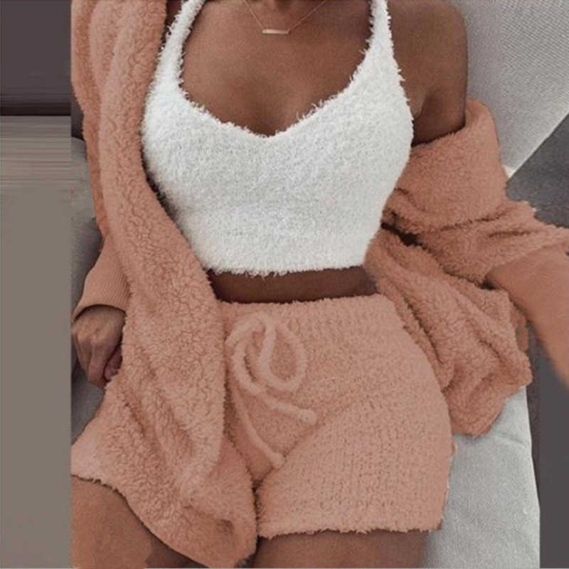 UNAIZA Women's Winter Plush Home Wear Casual 3-Piece Pajamas Long-Sleeved Vest Shorts Suit Fashion Keep Warm Clothes 210930