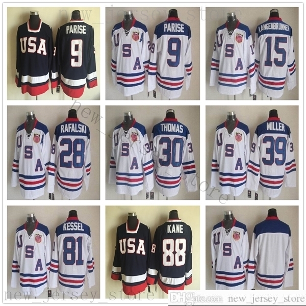 2010 Olympic Team USA Hockey Stitched 88 Patrick Kane 9 Zach Parise White Blue 81 Kessel 28 Rafalski 39 Miller 15 Langenbrunner Jersey, Black;red
2010 Olympic Team USA Hockey Stitched 88 Patrick Kane 9 Zach Parise White Blue 81 Kessel 28 Rafalski 39 Miller 15 Langenbrunner Jersey, Black;red