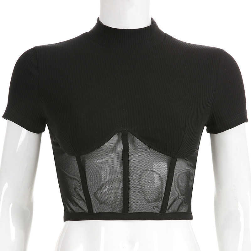 Spring Black Sexy Vintage T Shirt Women Casual Patchwork Mesh Short Sleeve Slim Cropped Tops Ladies Night Club Fitness Tees 210625wtt