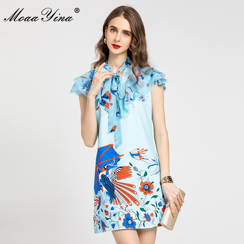 Summer Elegant Blue Floral Short Dress Women's Butterfly Sleeve Ruffle Animal print Party Vintage Mini Dresses 210524