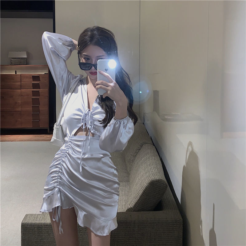 Elegant Satin Shirt Dress Women Long Sleeve V-Neck Casual Sexy Party Mini Y2k Dress Female 20221 Spring Dress Korean 210521