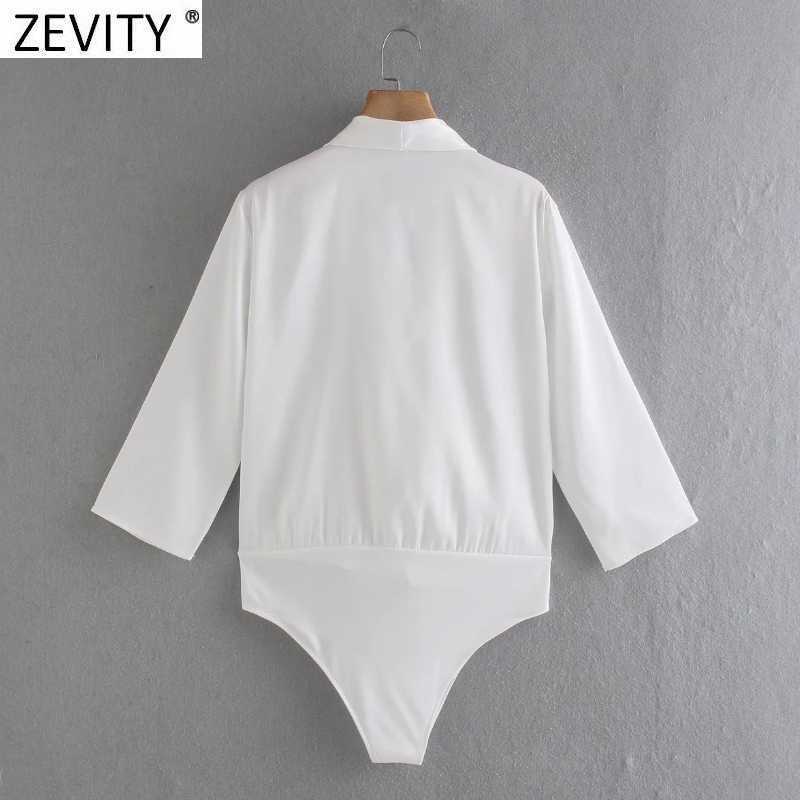 Zevity Women Vintage Cross V neck Soft Satin Bodysuits Office Ladies Office Wear Patchwork Siamese Chic Slim Rompers DS8211 210603