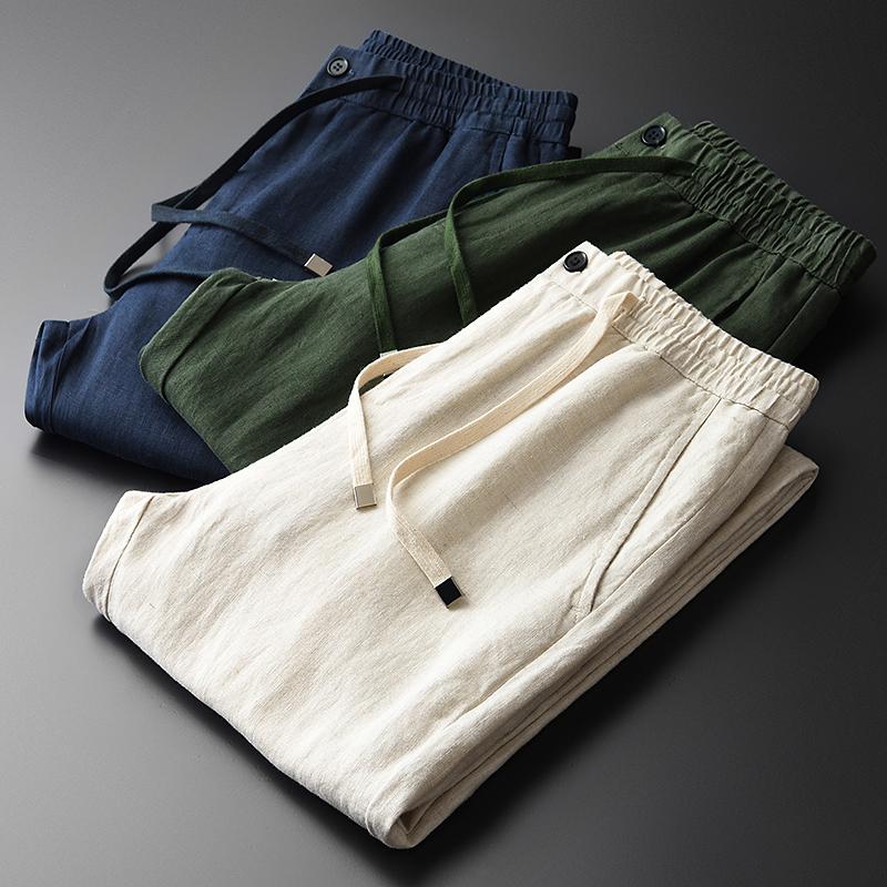 Linen Luxury 100% Breathable Drawstring Casual Male Pants Plus Size 4xl Elastic Waist Slim Fit Mens Trousers Men's