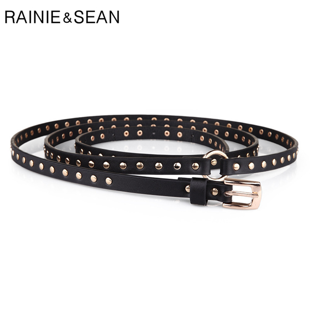 RAINIE SEAN Punk Rock Belts for Women Black Rivet Women Belt Streetwear Thin Extra Long 190cm Ladies Pin Buckle Leather Belt 210325