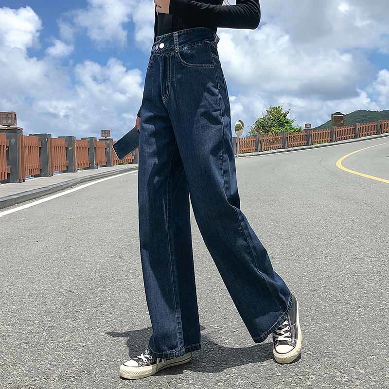 Autumn Chic Clothes Allmatch with Pocket Fashion High Waist Jeans Casual Woman Loose Wide Leg Denim Trousers 10737 210518