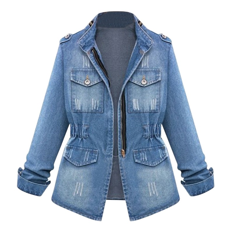 Women Casual Denim Jackets Cardigan Zipper Casaco Feminino Coat Pockets Top Streetwear Slim Elastic Waist Jeans Jacket 210428