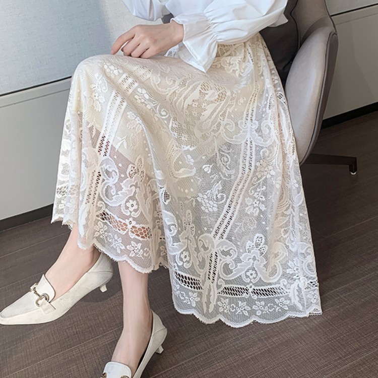 Elastic High Waist Lace Skirts Womens Spring Autumn Korean Elegant Casual A-line Black Long Skirt Female 210519