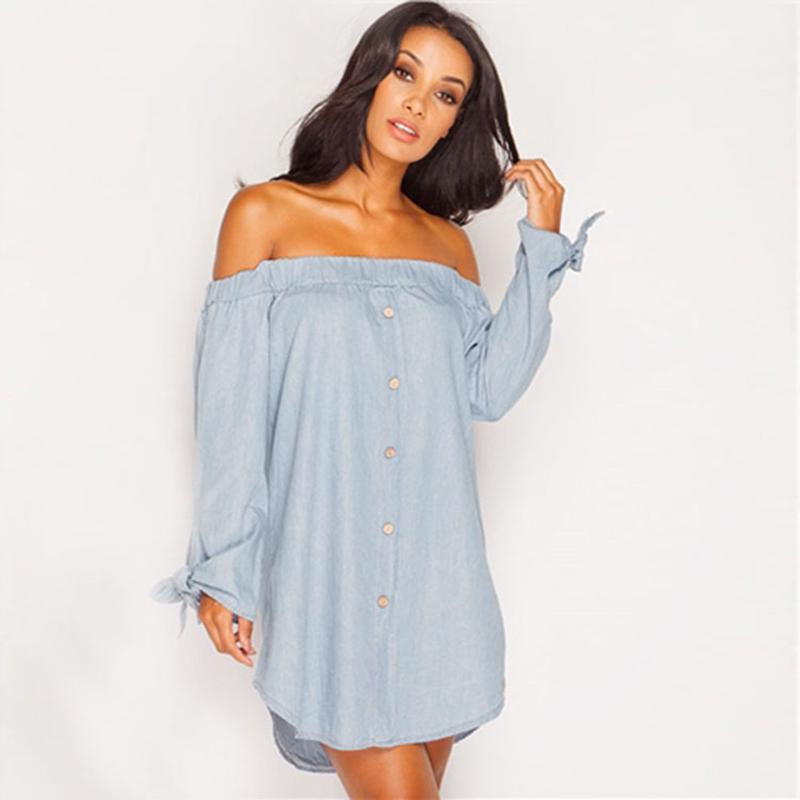 Off Shoulder Sexy Women Mini Dress Long Sleeve Strapless Autumn Short Dresses Button Backless Party Vestido Casual