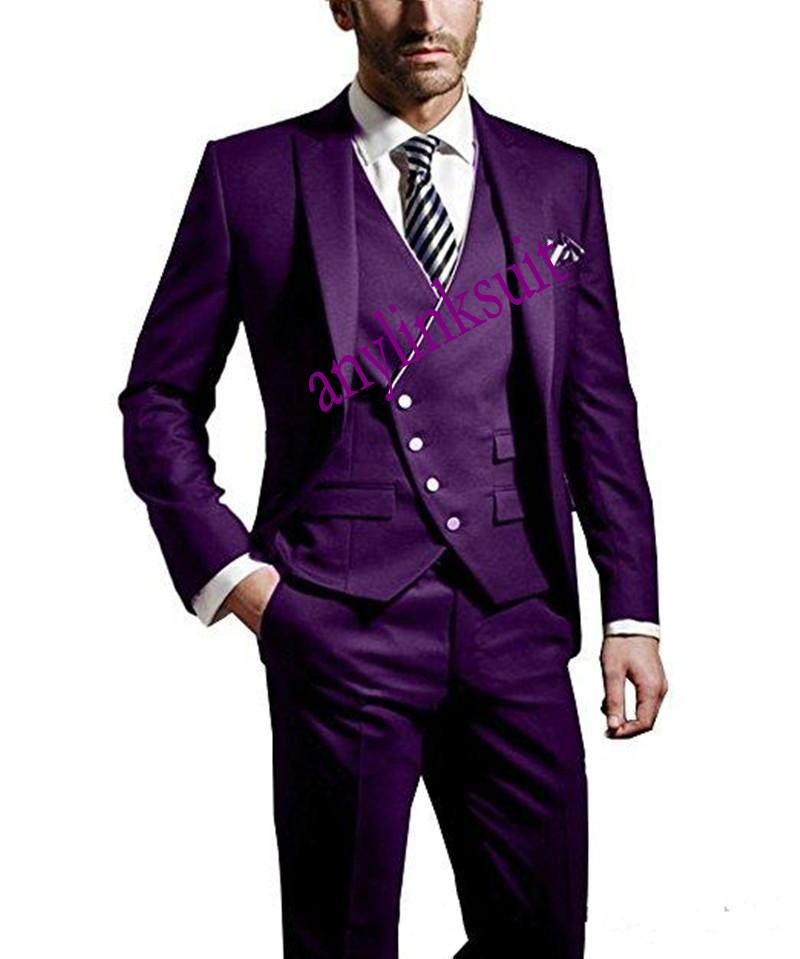 High Quality One Button Purple Groom Tuxedos Peak Lapel Wedding/Prom/Dinner Groomsmen Men Suits Blazer (Jacket+Pants+Vest+Tie) W1365