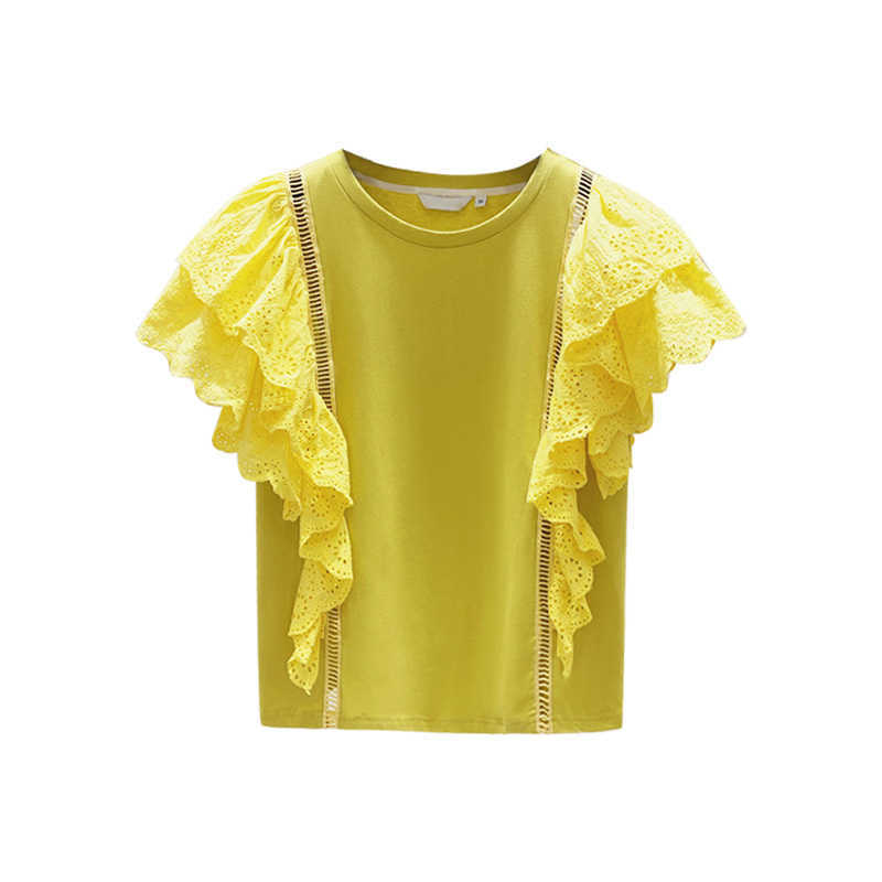 Lace Ruffled Cotton Short Sleeve T-shirt Female Summer Korean Style Women T Shirts Solid Color Clothing 210615Z
