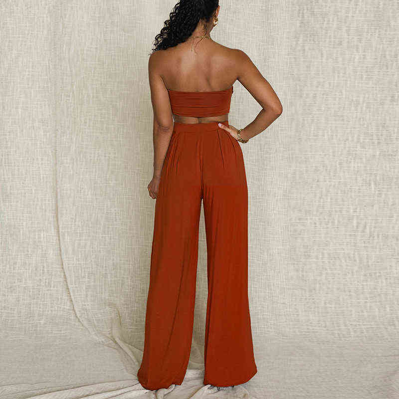 Asia Sexy Two Piece Set Women Sleeveless 2 Layer Bandage Crop Top Vintage Wide Leg Pants Woman Suit Autumn Party Outfits 211105