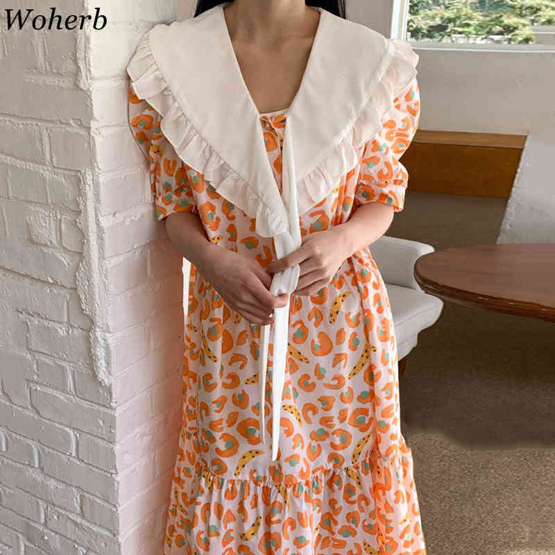 Women Floral Print Dress Korean Fashion Chic Puff Short Sleeve Tie Turn Down Collar Dresses Ladies Elegant Cute Robe 210519