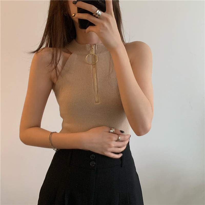 Comelsexy Korean Vintage Camis Basic Solid Slim Chic Sexy Zipper Casual Female Sleeveless Women All Match Tank Tops 210515