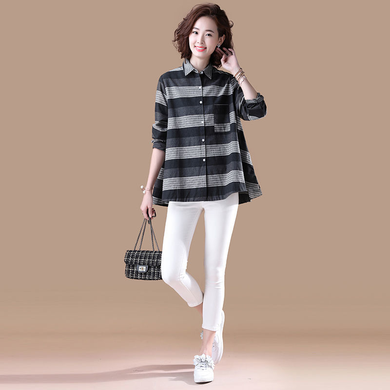 Spring Fashion Women Long Sleeve Shirts Plus Size All-matched Casual Striped Blouse Cotton Female Loose Shirt D 210512