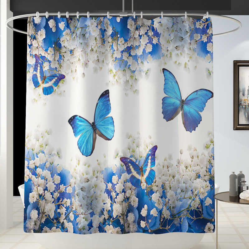 Blue Shower Curtain 4 Piece Carpet Cover Toilet Cover Bath Mat Pad Set Bathroom Curtain with 12 Hooks Home 210609