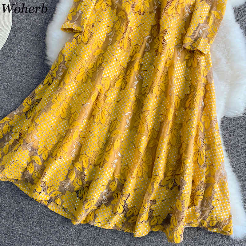 Vintage Women Dress O Neck Single Breasted Long Sleeve Dresses Hollow Out Crochet Lace Slim Elegant Vestidos Mujer 4h865 210519