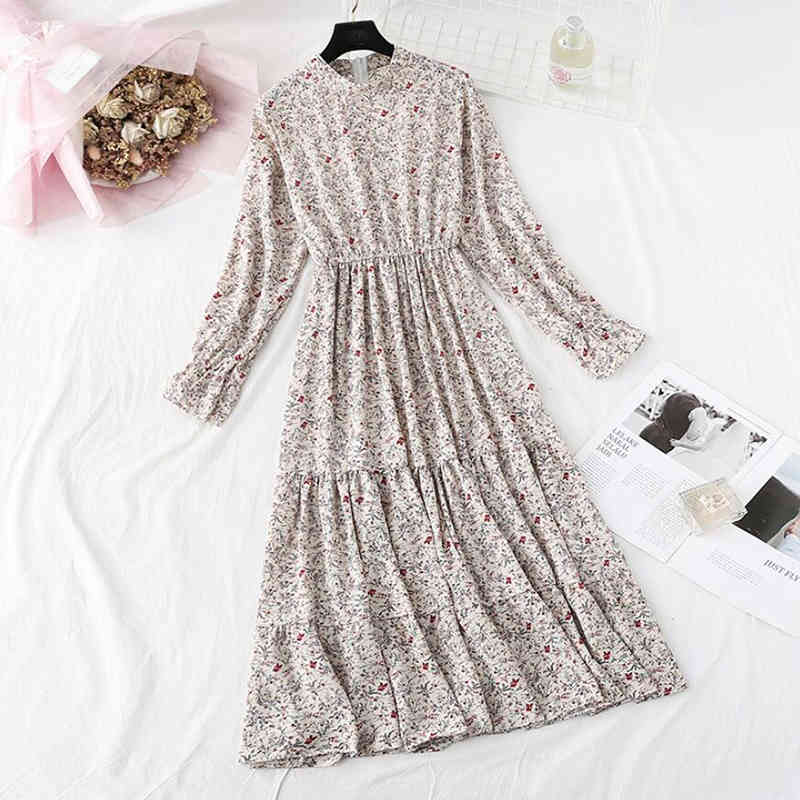 Spring Women Chiffon Dress Flare Sleeve Vintage Print Ruffles Midi Dress Casual Elastic Waist Elegant Party Dress Vestidos 210521