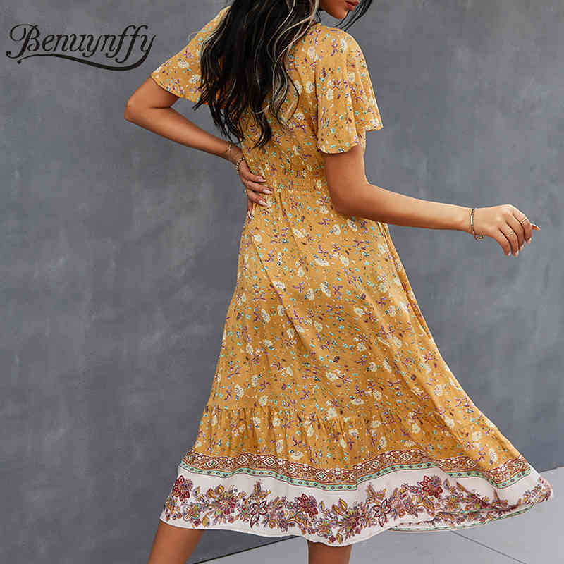 V-neck Short Sleeve Button Detail Bohemian Dresses Women Summer Vacation Casual Tassel Tie Waist Print Long Dress 210510