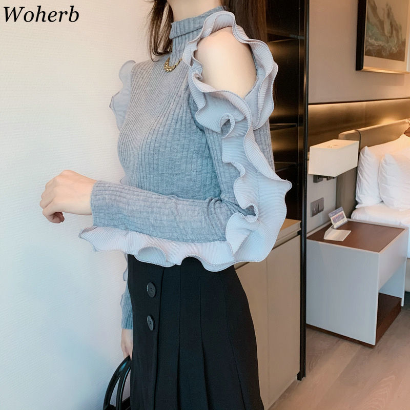 Fall Women Clothes Turtleneck Hollow Out Off Shoulder Knit Pullovers Ruffles Slim Fir Sweaters Jumper Sueter 210519