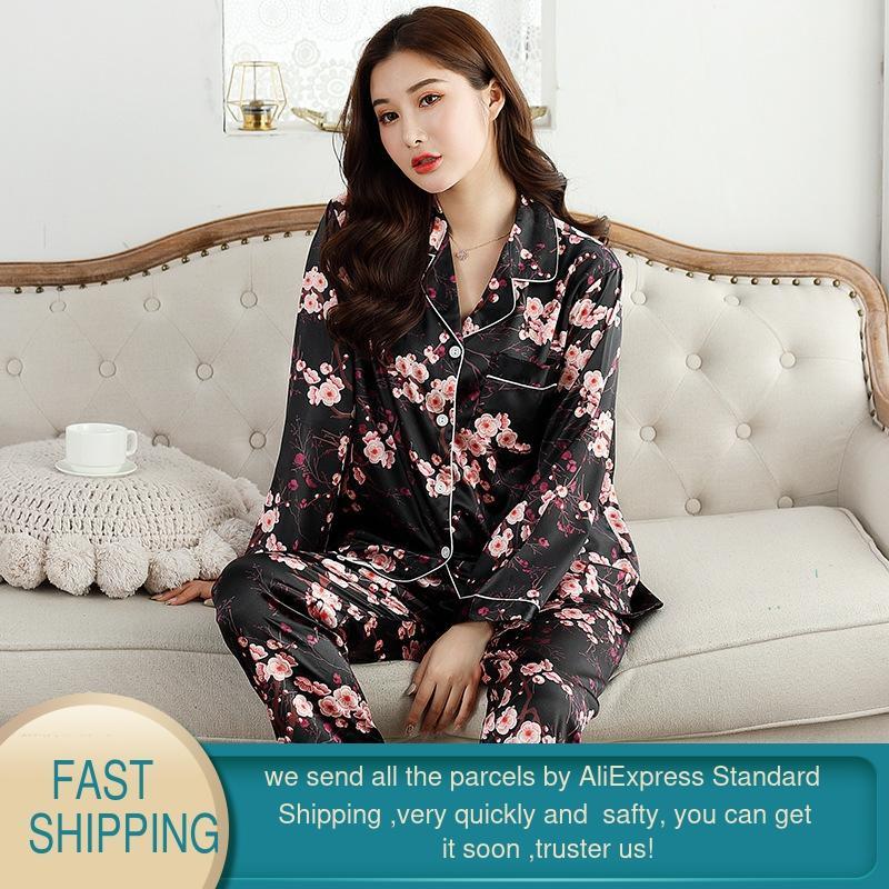 Satin Silk Pajamas for Women's Set pyjamas women silk pajamas plus size christmas adult printing korean pink loungewear 210428
