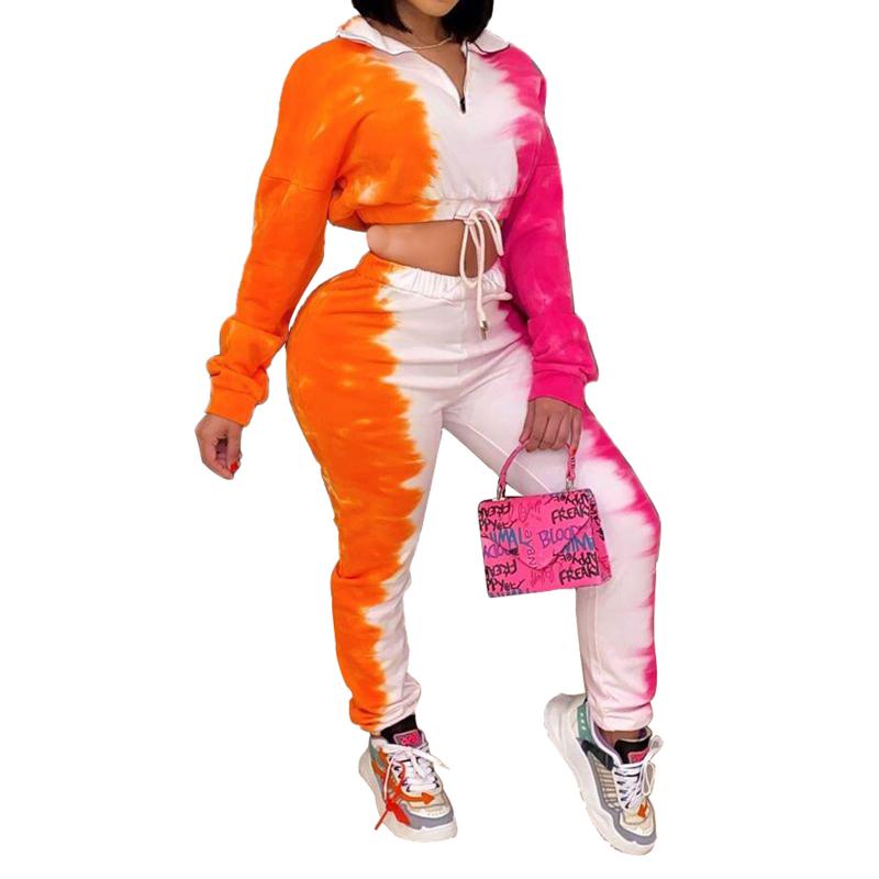 Women 2PC Tracksuit Sets Tie-dye Color Gradient Clothes Zipper Lapel Long Sleeve Crop Sweatshirt Tops/Elastic Waist Pants Women's Tracksuits