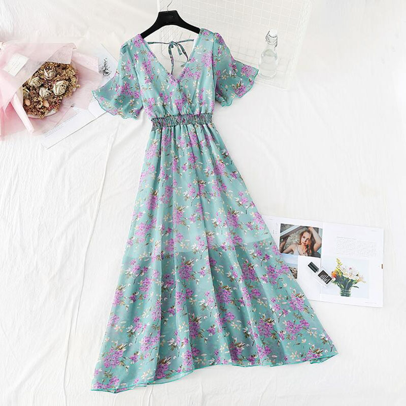 Floral Print Women Dress Summer elegant V-neck Vintage Pleated Chiffon Dresses Short sleeve Party Long Dress Robe Femme 210521