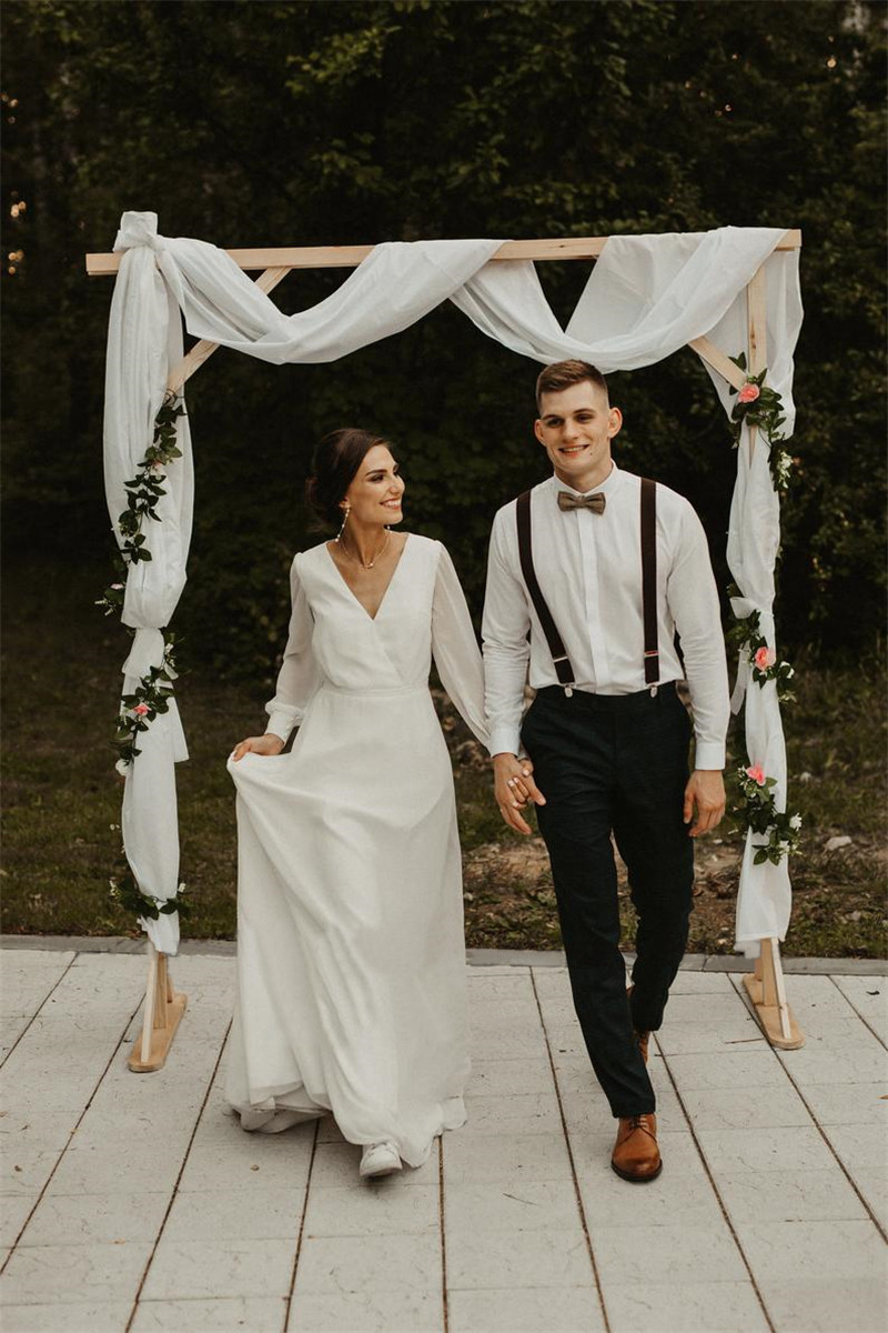 Simple A Line Chiffon Wedding Dress V Neck Long Sleeves Bohemian Bridal Dresses Elegant Robe de mariee With Free Veil Free shipping