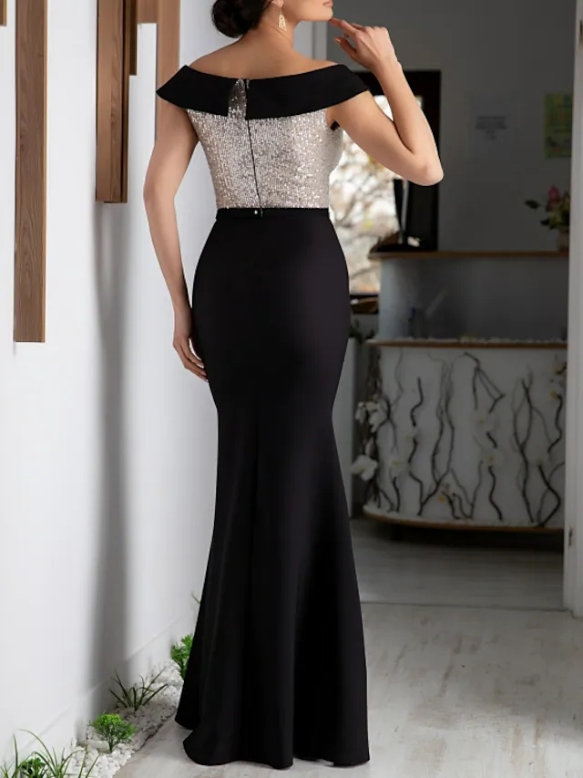 Black Engagement Formal Evening Dress Off the Shoulder Floor Length Satin Prom Party Gown 2022 Top Sequin Abendkleider robe de soiree vestidos fiesta