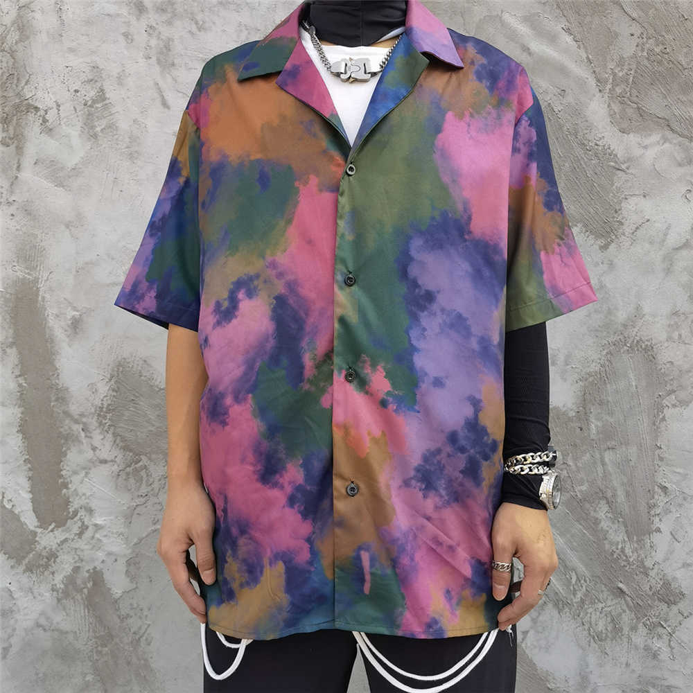 Shirts for Men Tie-dye Print Colorful Hawaii Beach Holiday Harajuku Short Sleeve Casual Shirt Oversized Summer Top Shirt 210601