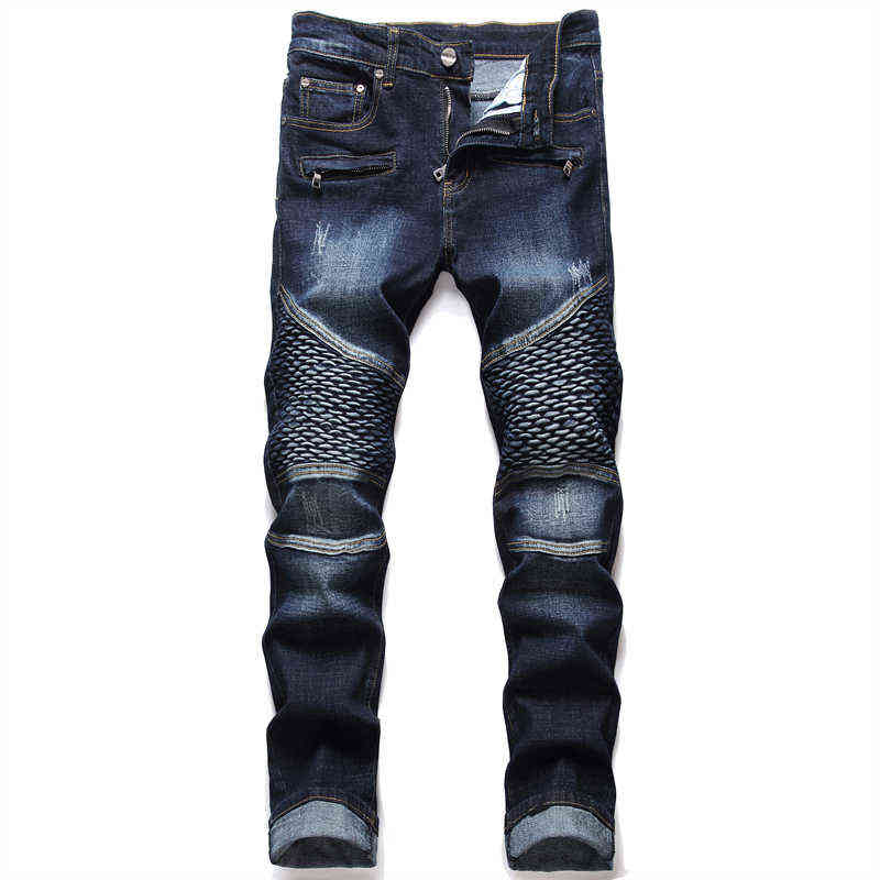 Dropshipping Fashion New Biker Jeans Men's Distressed Stretch Ripped Hip Hop Slim Fit Holes Punk Denim Cotton Pants X220214